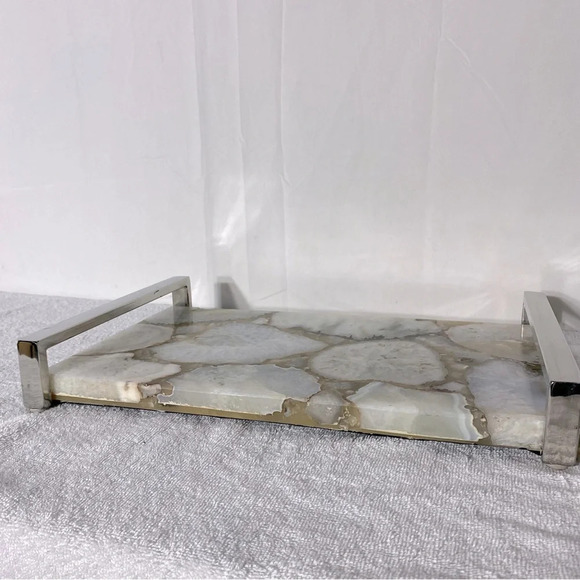Modern White Agate Decorative Serving Tray With Chrome Handles - Picture 4 of 16
